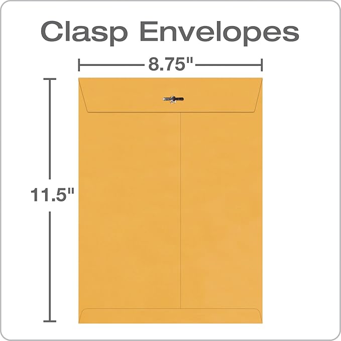 Quality Park 8-3/4 x 11-1/2 Clasp Envelopes, Clasp and Gummed Closures for Storing or Mailing, Extra Heavy-Duty 32 lb Kraft Paper, 100 per Box (QUA37787), Light Brown-DeskLoop Office