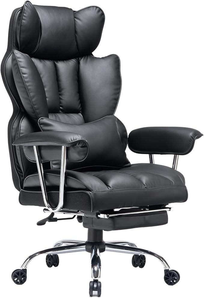 Efomao Desk Office Chair 400LBS, Big and Tall Office Chair, PU Leather Computer Chair, Executive Office Chair with Leg Rest and Lumbar Support, Black Office Chair-DeskLoop Office