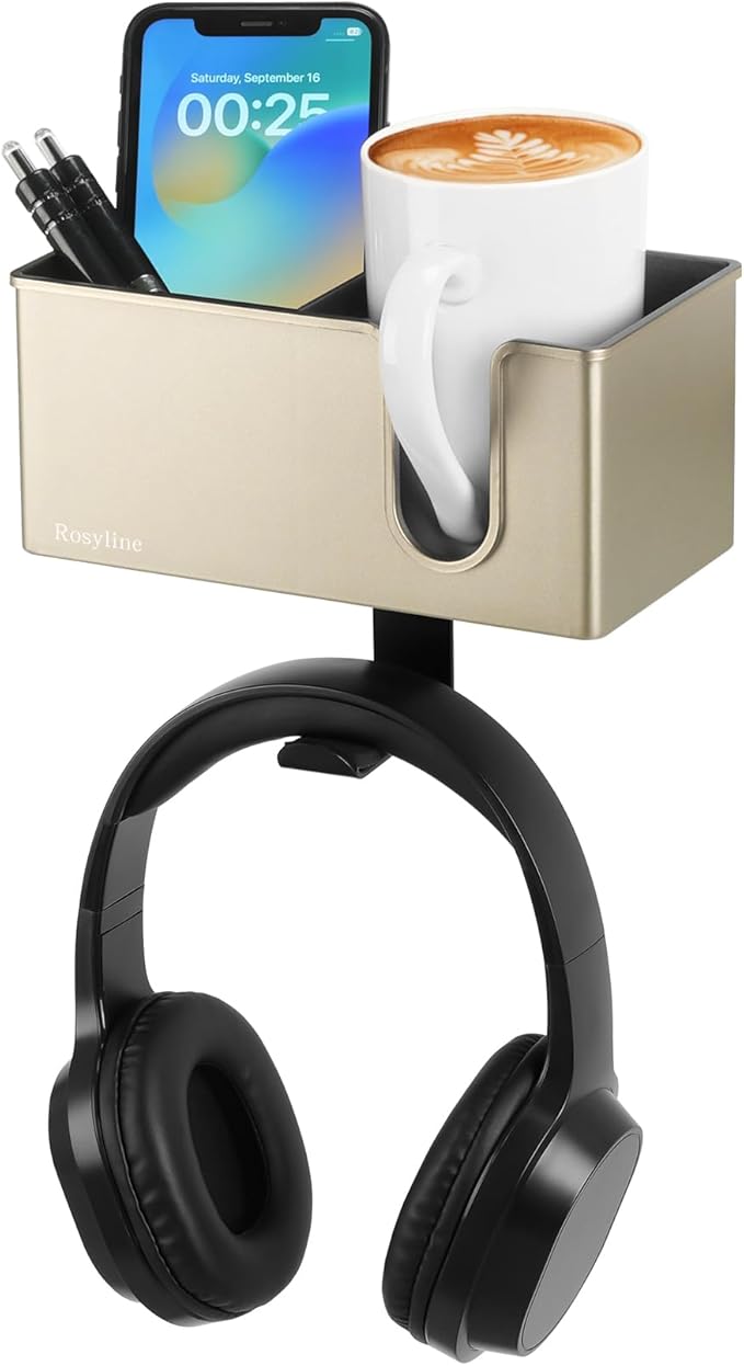 ROSLINE 3-in-1 Clip-on Desk Organizer - Pen, Headphone, and Cup Holder for Expanding Office and Gaming Space (Champagne)-DeskLoop Office