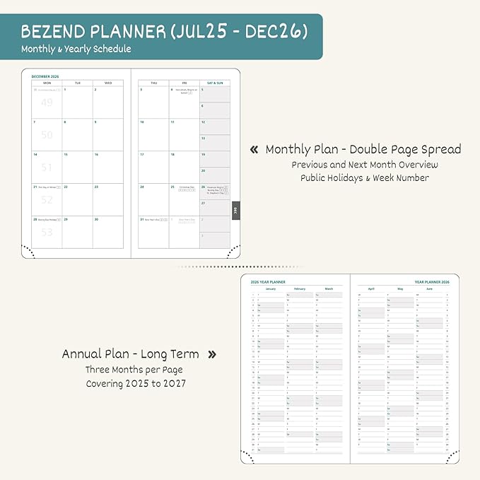 BEZEND Pocket Planner 2025-2026 Weekly and Monthly, 3.5" x 6" Academic Planner (Jul 25-Dec 26) 18-Month Mid-Year Calendar Book, Storage Pocket, Pen Holder, PU Leather Hardcover - Red-DeskLoop Office