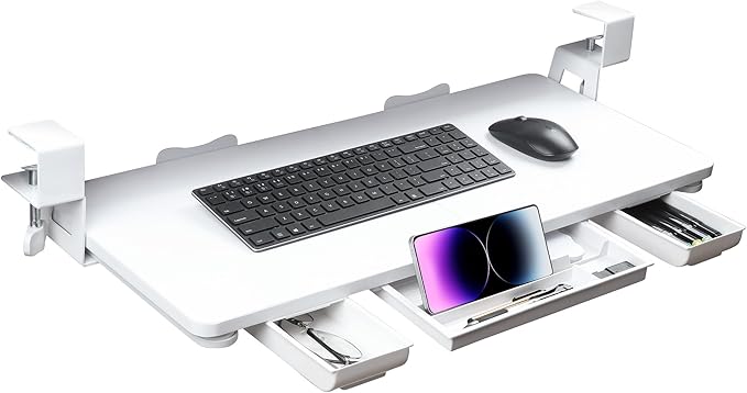 Keyboard Tray Under Desk with Drawer,26.77" X 11.81"Large Size Keyboard Tray with C Clamp-on Mount, Easy to Install, for Home Office (White)-DeskLoop Office