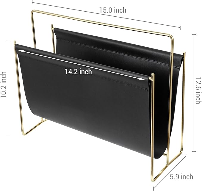 MyGift 15-Inch Modern Black Leatherette & Brass Plated Metal Magazine Holder – Floor Standing Faux Leather Sling Style Newspaper Rack for Home, Bathroom, Office Decor-DeskLoop Office