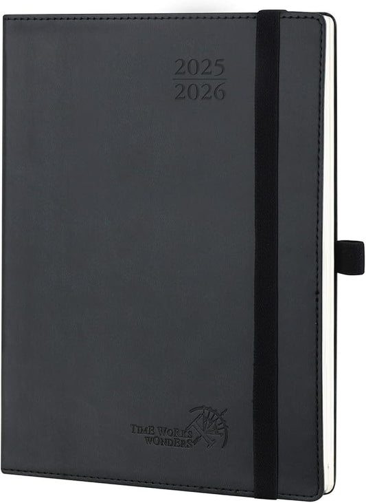 POPRUN Planner 2025-2026 (Medium - 6.5'' x 8.5'') Academic Weekly Calendar (July 2025 - June 2026) with Hourly Time Slots, Monthly Tabs, 100GSM Thick Papers, Leather Soft Cover - Black-DeskLoop Office