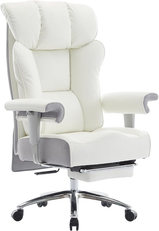 Efomao Big and Tall Office Chair 450LBS with Foot Rest, High Back PU Leather Executive Office Chair with Adjustable Padded Armrests, Lumbar Support for Home or Work, Heavy Duty Computer Chair, White-DeskLoop Office