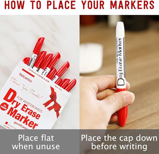 Volcanics Red Dry Erase Markers Low Odor Fine Whiteboard Markers Thin Box of 12-DeskLoop Office