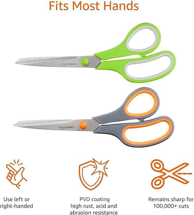 Amazon Basics Stainless Steel Scissors for Office, Crafts, Multipurpose, Sharp, Comfort Grip, PVD Coated, 2 Pack, Green and Grey-DeskLoop Office