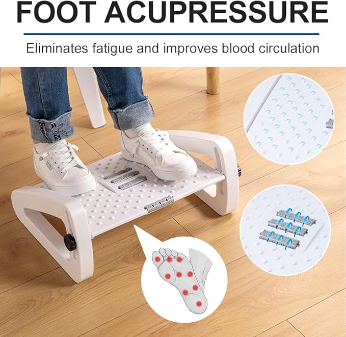 Foot Rest for Under Desk At Work - Six Heights Adjustable Under Desk Footrest - Ergonomic Foot Stools for Under Office Desks - Desks Foot Rest with Massage Rollers - Leg Rest for Chair (White)-DeskLoop Office
