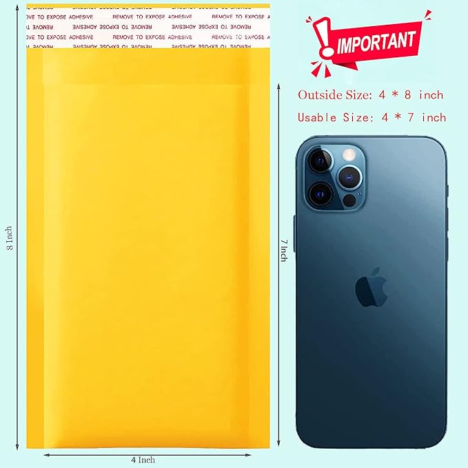 packbabol Kraft Bubble Mailers 4x8 Inch 100 Pcs,Small Self-Sealing Mail Shipping Bags,Yellow Padded Envelopes #000-DeskLoop Office