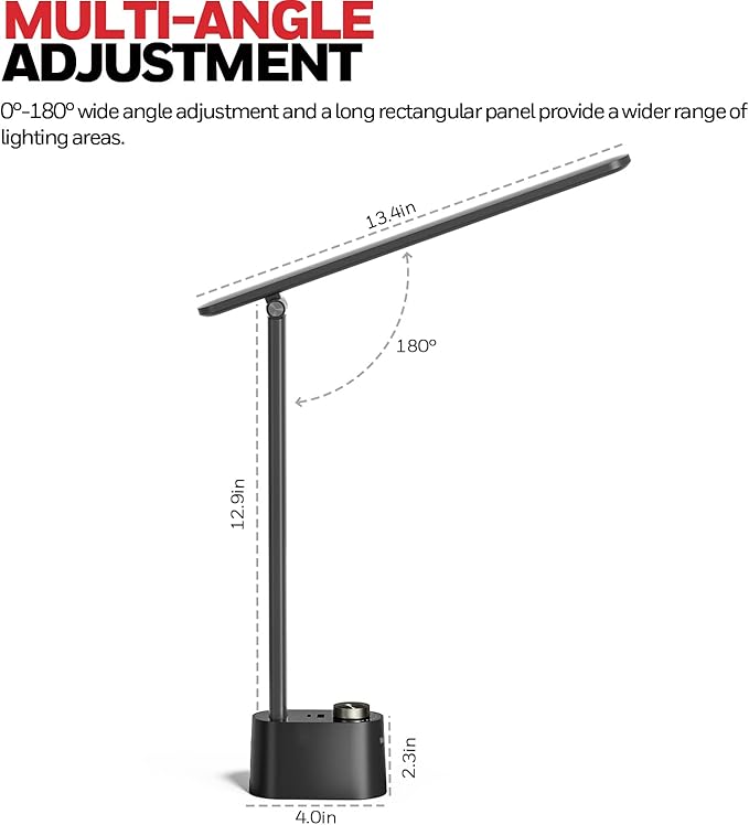 Honeywell Sunturaluxโข LED Desk Lamp with USB Charging Ports HWT-H01 - Stepless Dimmable Eye Caring Desk Light for Home Office Bedroom Bedside College Dorm, Foldable Table Lamp Reading Lamp Black