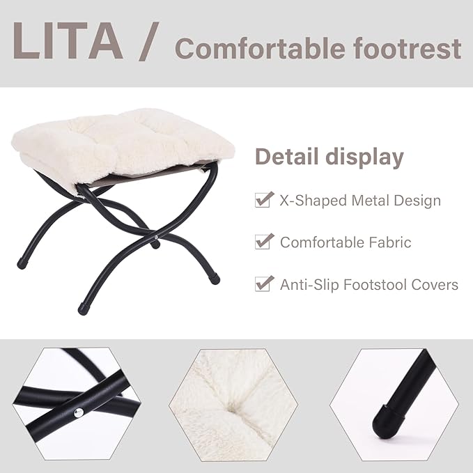 LITA Folding Upholstered Footrest Stool, Modern Small Portable Accent Ottoman with Detachable Thick Cotton Cushion Padded Sofa Stool with Metal Frame for Lazy Chair, Living Room & Bedroom, Plush Beige-DeskLoop Office