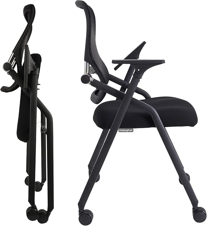Updated Conference Room Chairs, Folding Office Desk Chair with Lumbar Support and Sliding Armrest with Casters, Stackable Office Guest Chairs & Reception Chairs, 1 Pack Black-DeskLoop Office