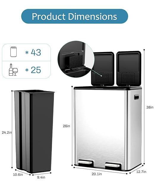 16 Gal (2 x 30 L) Dual Trash Can, Stainless Steel Kitchen Garbage Bin, Recycle Dustbin with Odor Control Box, Soft-Close Lid, Inner Buckets, Side Handle, Step Pedal, for Home Office-DeskLoop Office