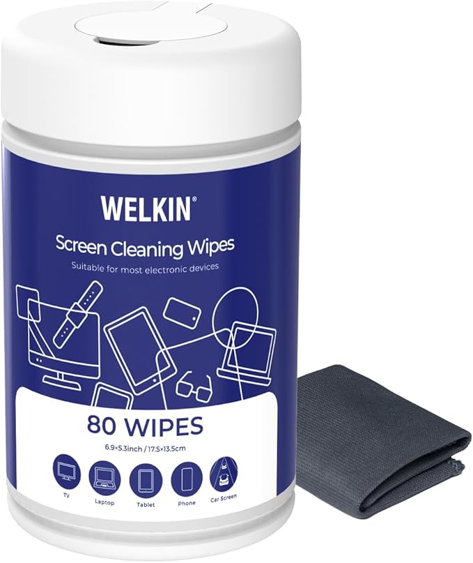 WELKIN 80 Electronics Cleaning Wipes - Non Toxic Screen Cleaner, Streak Free Touchscreen Cleaning for All Phones, Laptop, Computer, TV and Car,1 X Microfiber Cloth Included