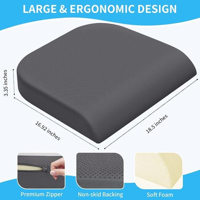Large Seat Cushion, Soft Foam Cushion for Long Sitting Hours on Office Chair, Home & Car, Non-Slip Chair Pad for Relieving Back & Sciatica & Hip & Coccyx Pain (Grey)