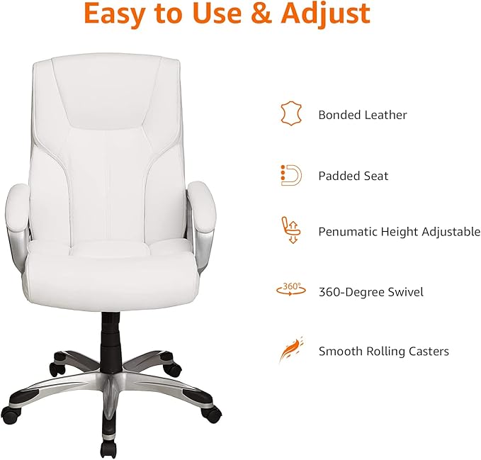 Amazon Basics Executive Home Office Desk Chair with Padded Armrests, Adjustable Height and Tilt, Rolling Swivel Chair, 275 Pound Capacity, White and Pewter-DeskLoop Office
