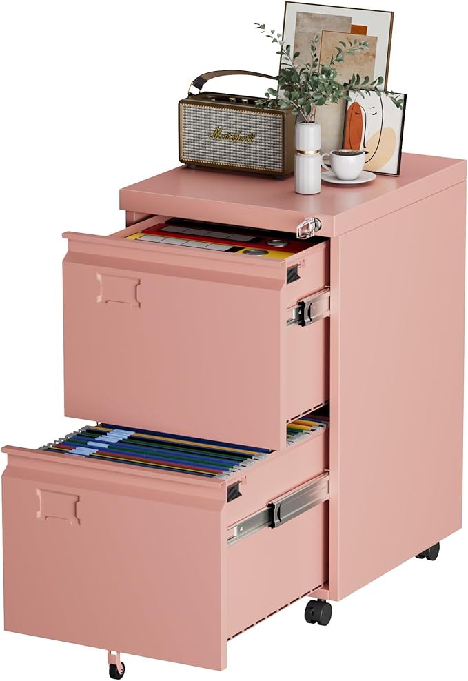 Aobabo Metal 2 Drawer Office File Cabinet with Lock, Under Desk Office Steel Files Cabinet on Wheels, 25.6''H Legal/Letter A4 Size, Assembly Required, Pink-DeskLoop Office