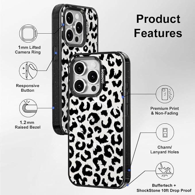 MOSNOVO Magnetic Case for iPhone 15 Pro, 10ft Military-Grade Protection, Compatible with Magsafe, Shockproof Phone Case for iPhone 15 Pro - Black Leopard Print - Clear Black-DeskLoop Office