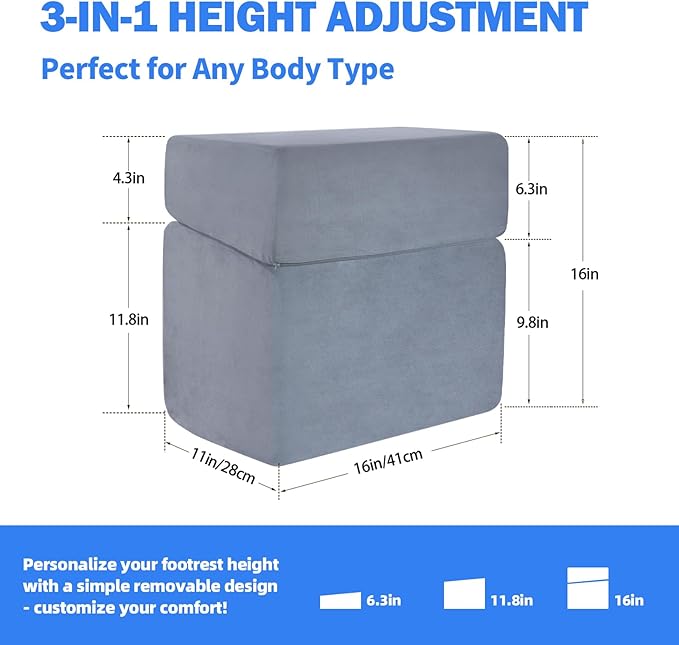 Adjustable Foot Rest for Under Desk - 3-in-1 Ergonomic Foot Stool with Zipper Connection, 6.3"/11.8"/16" Height Adjustable for Office, Home & Gaming (Gray)-DeskLoop Office