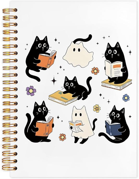 WUCHJ Halloween Ghost Black Cat Notebook, Cat Reading Journal for Book Lovers, Spooky Ghost Bookish Spiral Notebook Journal for Note Taking, Book Lover Gifts, Halloween Office Supplies, 5.5x8.3 Inch-DeskLoop Office