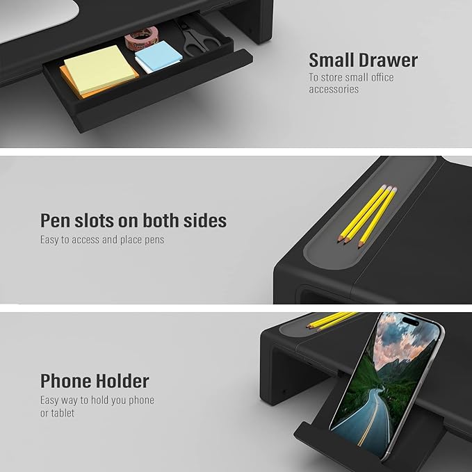OImaster Monitor Stand Riser, Foldable Computer Monitor Riser, Adjustable Length Computer Stand and Storage Drawer & Pen Slot, Phone Stand Compatible Computer, Desktop, Laptop, Save Space (Black)-DeskLoop Office