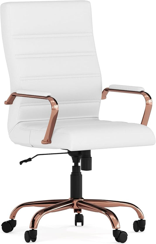 Flash Furniture Whitney High-Back Swivel LeatherSoft Desk Chair with Padded Seat and Armrests, Adjustable Height Padded LeatherSoft Office Chair, White/Rose Gold-DeskLoop Office