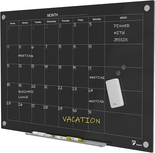 TOWON 47 x 35 Inch Glass Dry Erase Board Reminder, Magnetic Whiteboard Calendar Yearly, Monthly Planner Set for Office, Kitchen and School, Black-DeskLoop Office