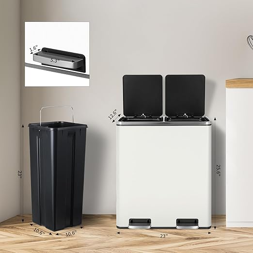16 Gallon Rectangular Stainless Steel Trash Can, Dual Compartment Garbage Bin with Recycling Combo, Metal Dustbin Lid, Removable Liner, Indoor Hands Free Waste Bucket for Kitchen Home-DeskLoop Office