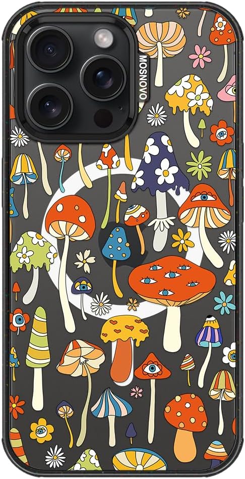 MOSNOVO Magnetic Case for iPhone 15 Pro Max, 10ft Military-Grade Protection, Compatible with Magsafe, Shockproof Phone Case for iPhone 15 Pro Max - Mushroom Art - Clear Black-DeskLoop Office
