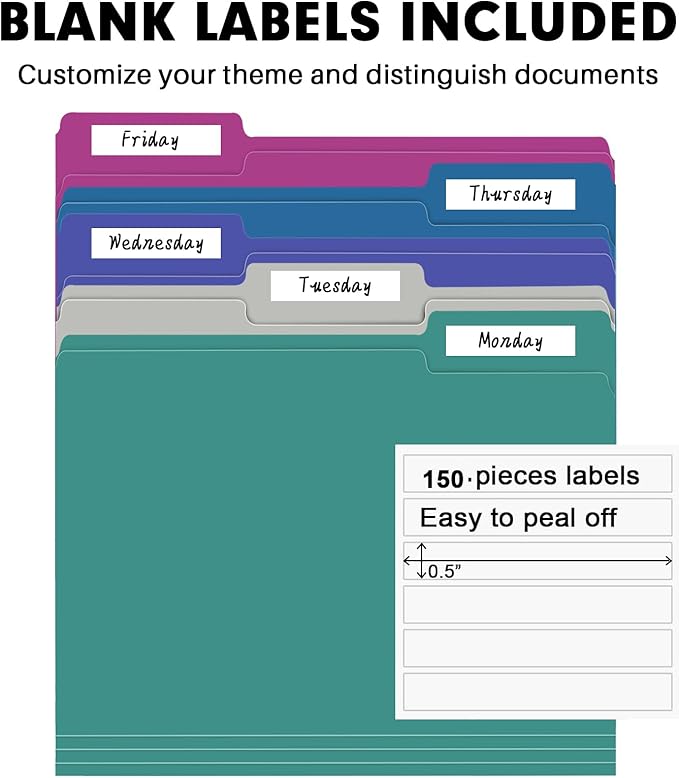 File Folder, RAZCC 150 Pack 1/3 Cut Tab File Folders Letter Size, Colored File Folders for Office Classroom Use, Colored Folders with Tabs, Assorted 5 Colors-DeskLoop Office
