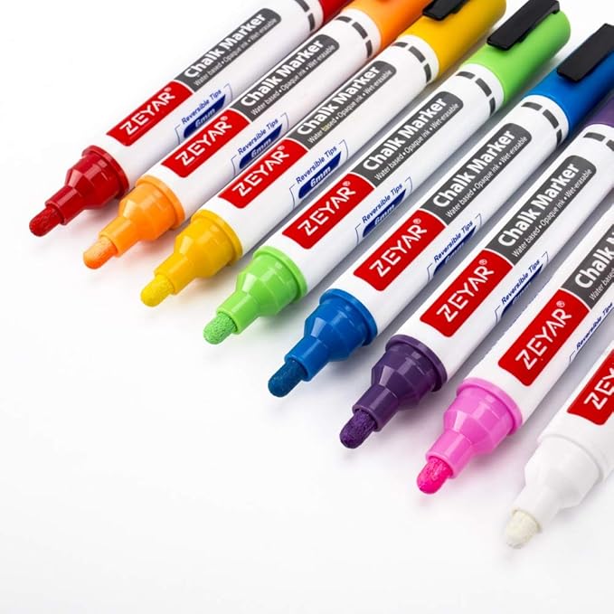 ZEYAR Liquid Chalk Marker-Wet Erase Marker, 6mm Reversible Tip-Bullet or Chisel, 8 Colors, Large Capacity, Writes on Nonporous Chalkboards, Bistro Boards, Windows and Plastic (8 Basic Colors)-DeskLoop Office