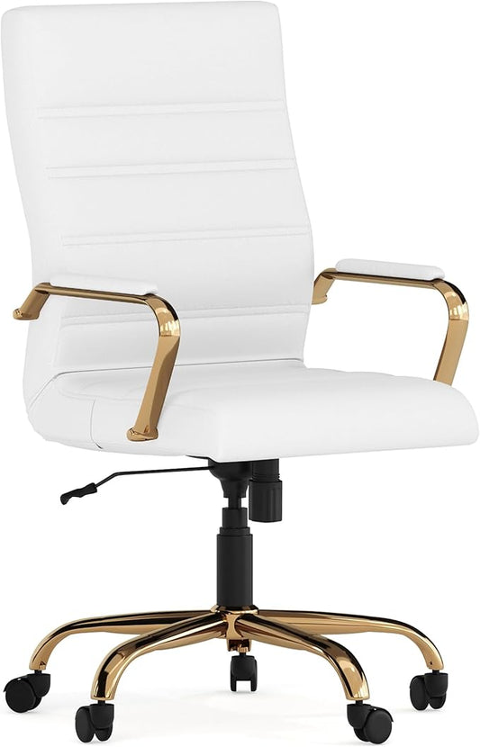 Flash Furniture Whitney Mid-Back Swivel LeatherSoft Desk Chair with Padded Seat and Armrests, Adjustable Height Padded Office Chair, 27"D x 26"W x 43"H, White/Gold-DeskLoop Office