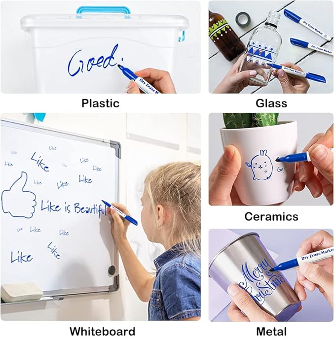 Dry Erase Markers, 100 Bulk Pack Blue Whiteboard Markers with 2 Eraser, Fine Point Dry Erase Markers Perfect For Writing on Whiteboards, Dry-Erase Boards,Mirrors for School Office Home-DeskLoop Office