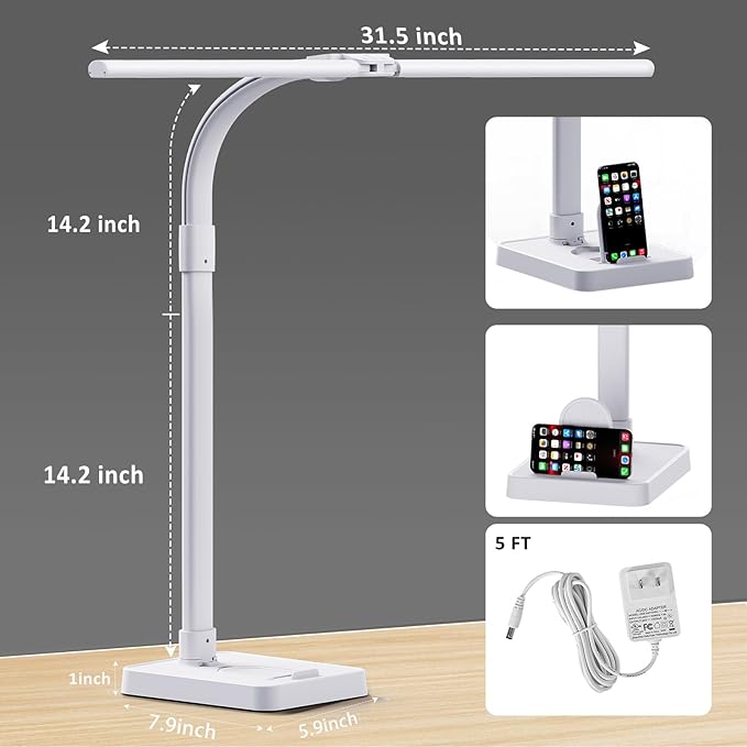 LED Desk Lamp for Home Office, 24W Bright Desk Lamp with Phone Holder Base - 25 Lighting Modes Eye-Caring Desk Light Adjustable Gooseneck Lamp for Workbench Drafting Reading Study-White-DeskLoop Office