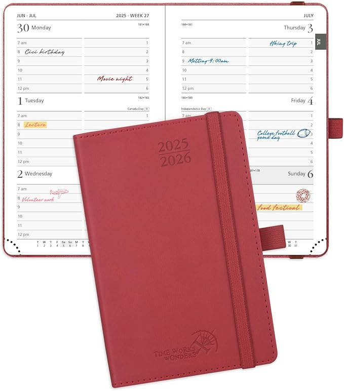 POPRUN Pocket Planner 2025-2026 (Purse Size 4'' x 6.25'') Academic Small Calendar (July 2025 - June 2026) with Hourly Time Slots, 100GSM Thick Papers, Leather Soft Cover - Burgundy Red-DeskLoop Office