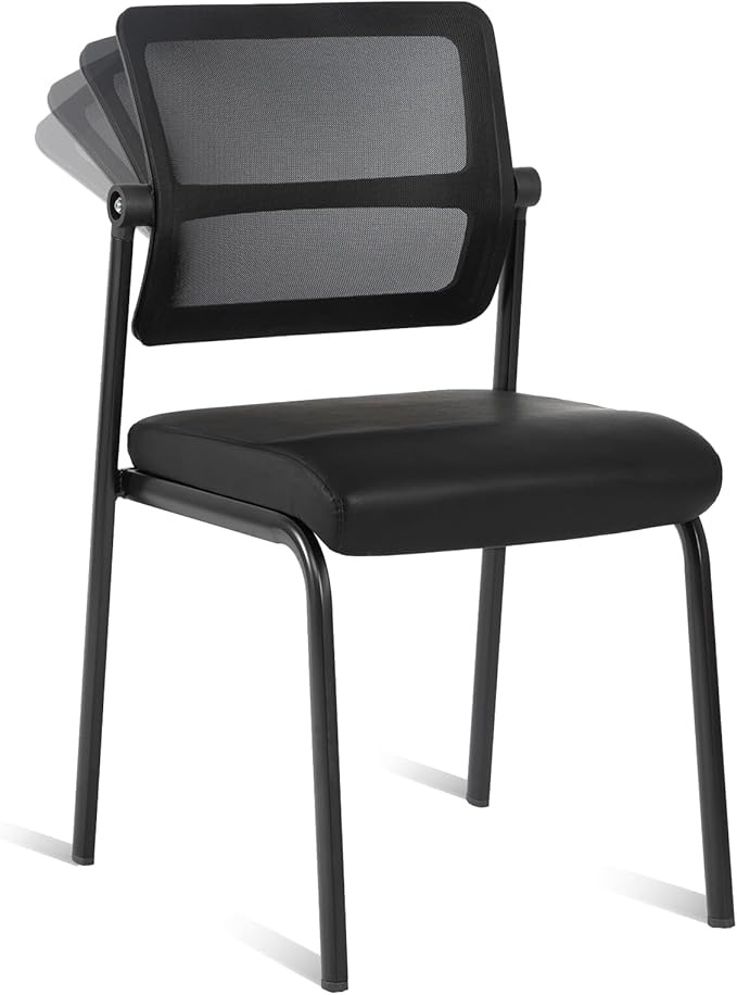 CLATINA Stackable Waiting Room Chair with Adjustable Mesh Backrest, Armless Office Guest Reception Chairs with Leather Cushion and Ergonomic Lumbar Support for Conference Lobby Side School, Black-DeskLoop Office
