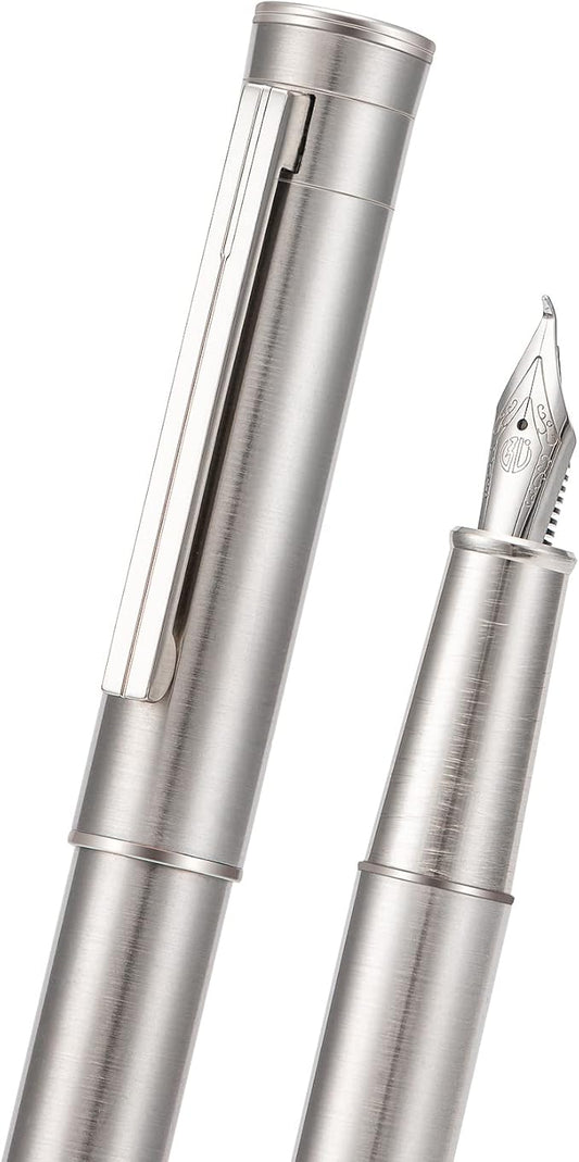 Hongdian 1861 Stainless Steel Fountain Pen Bent Nib, Classic Design Smooth Writing Pen with Converter and Metal Pen Case Set-DeskLoop Office