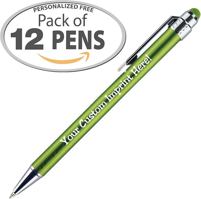 Personalized Pens with Stylus Tip -Bright Vibes- Click action - Custom - Black writing - Printed Name pens - Imprinted with Your Logo or Message - FREE PERSONALIZATION - 12 Pens/Box (Green)-DeskLoop Office