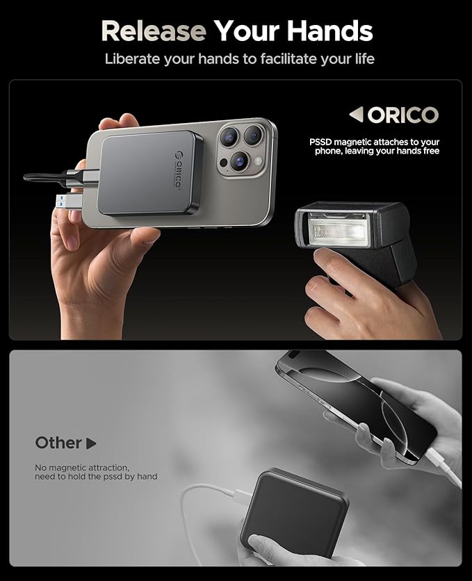 ORICO 1TB Magnetic Portable SSD, Metal Body, 4K 120 fps ProRes HDR Record and Store, Up to 460MB/s, USB C&A 2 in 1 Cable, External SSD Compatible with iPhone 16 Pro Max, Tablet, Computer - K5PLUS-DeskLoop Office