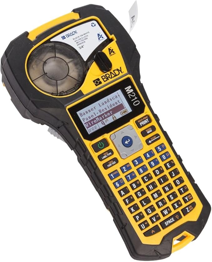 Brady M210 Portable Label Printer with Rubber Bumpers, Multi-Line Print, 6 to 40 Point Font (Replaces BMP21-PLUS Printer), Yellow/Black, 9.5 in H x 4.5 in W x 2.5 in D-DeskLoop Office