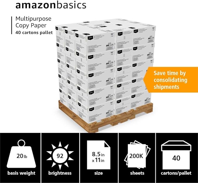Amazon Basics Multipurpose Copy Printer Paper, 8.5 x 11 Inches, 20 lb, Pallet, 400 Reams (200,000 Sheets), 92 Bright, White-DeskLoop Office