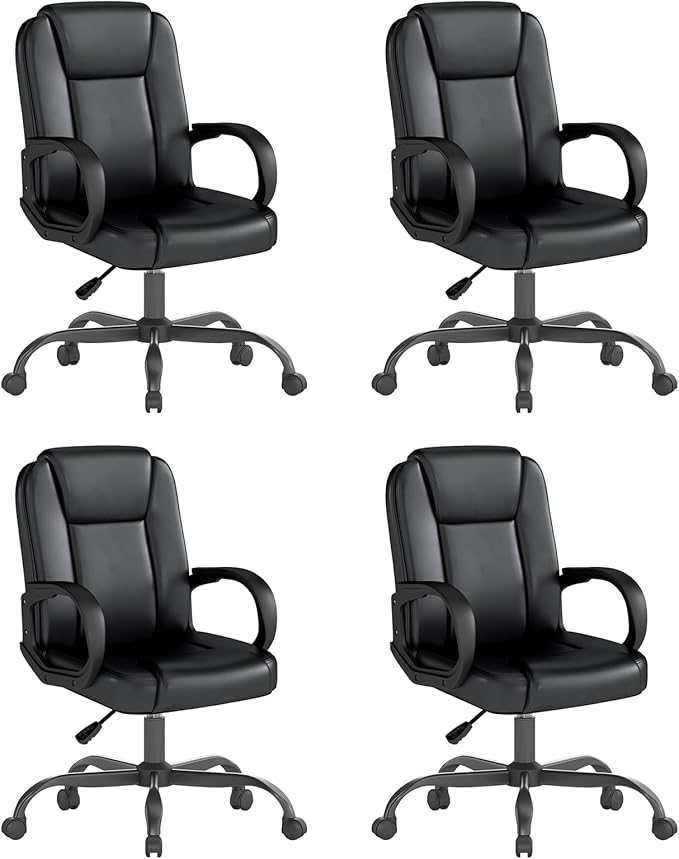 ZZH Executive Office Chair, Leather Desk Computer Chair with Armrests, Mid-Back Swivel Adjustable for Home Office, 4PC, Black-DeskLoop Office