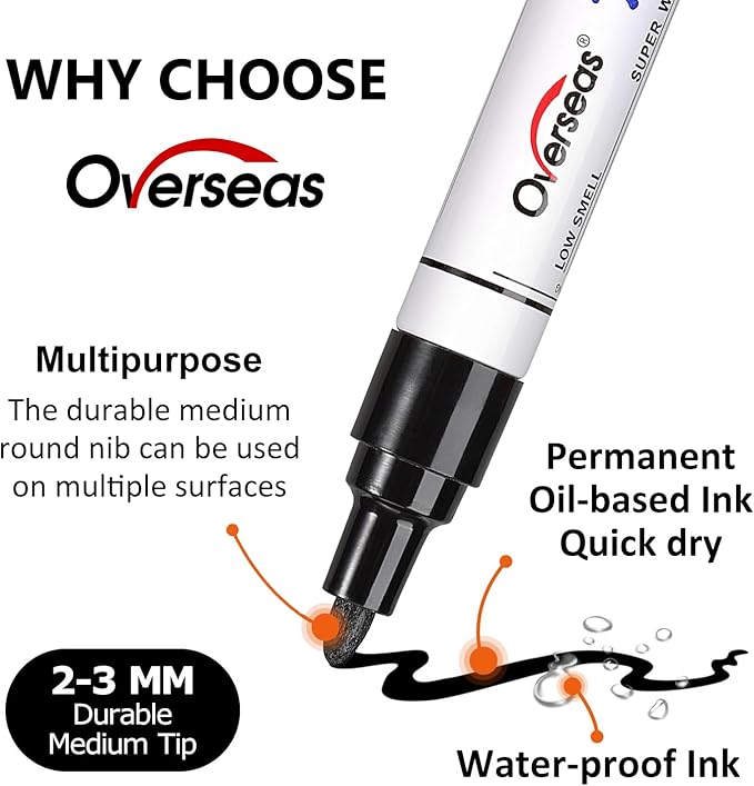 Overseas 48 Black Paint Pens, Oil Based Permanent Markers Set - Quick Drying, Waterproof, Fade-Resistant, Medium Tip Paint Markers Bulk for Wood, Metal, Rock, Ceramic, Plastic, Canvas, Glass, Rubber-DeskLoop Office