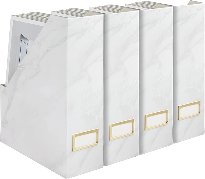 BLU MONACO Set of 4 Magazine Holders, White Marble Design with Gold Label Holders, File Holder for Desk, Magazine Storage for Home Office and Classroom-DeskLoop Office