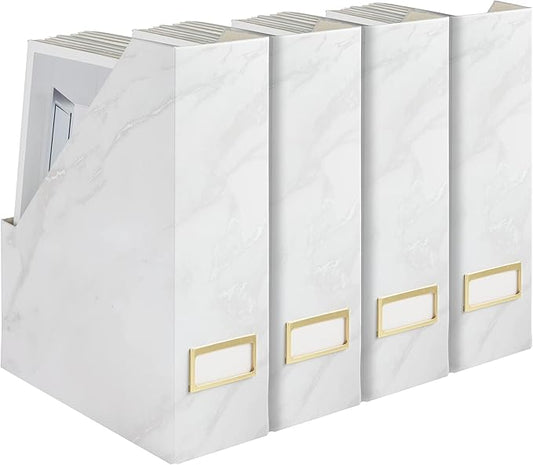 BLU MONACO Set of 4 Magazine Holders, White Marble Design with Gold Label Holders, File Holder for Desk, Magazine Storage for Home Office and Classroom-DeskLoop Office