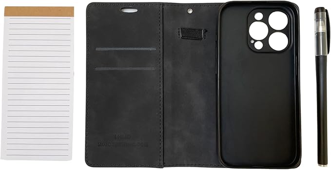 MOJO Notepad Phone Case for iPhone 15 Pro - Folding Wallet Phone Case with Mini Pen and Note Pad (Black)