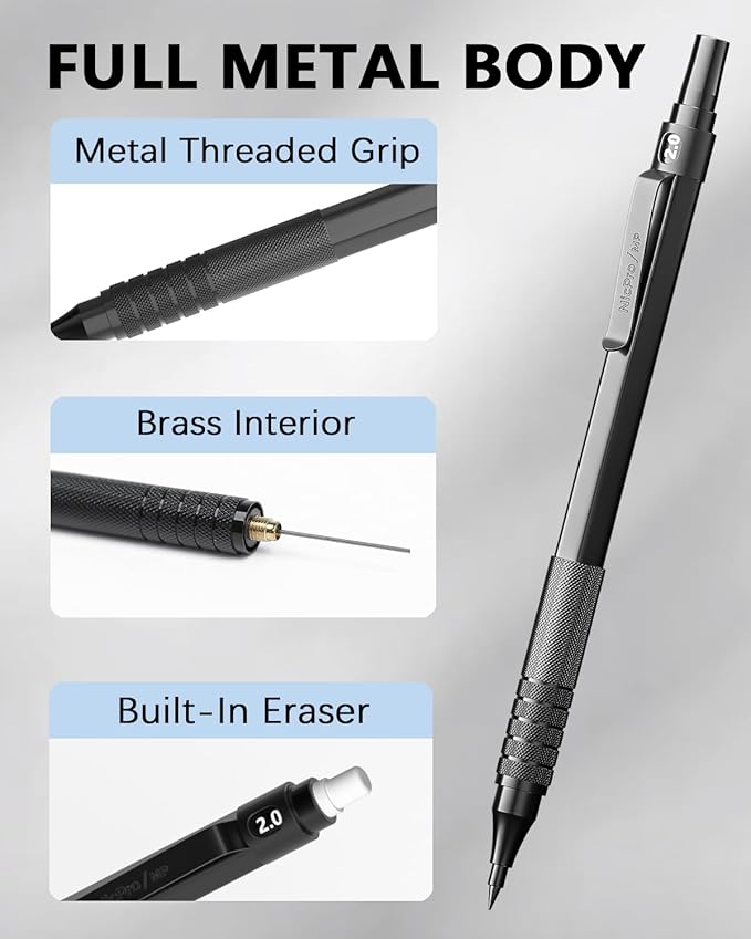 Nicpro Black Metal 2.0 Mechanical Pencil Set with Case, 3 PCS Drafting Lead Holder with 2mm Graphite Lead Refill (HB 2H 4H 2B 4B) & Colors, Sharpeners, Erasers for Artist Writing, Drawing, Sketching-DeskLoop Office