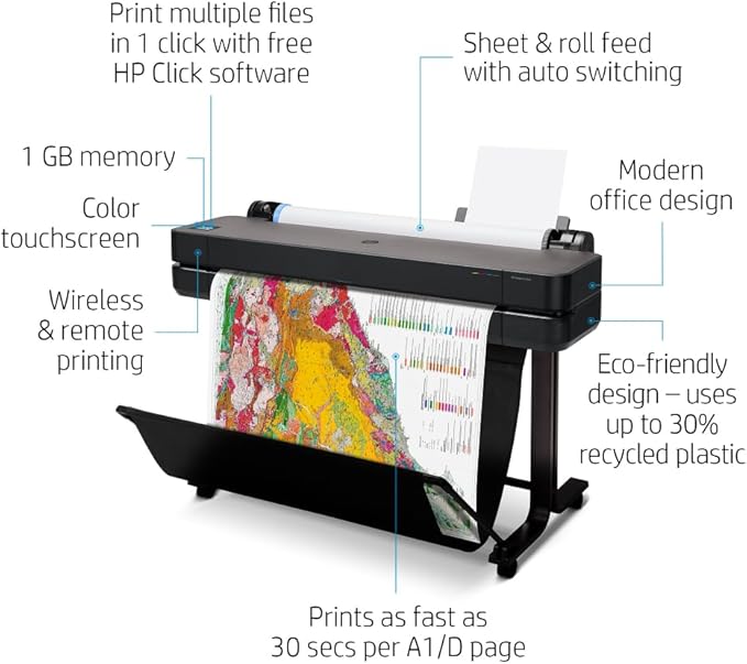 HP DesignJet T630 Large Format 36-inch Plotter Printer, with Auto Sheet Feeder, Media Bin & Stand (5HB11D) - New Model-DeskLoop Office