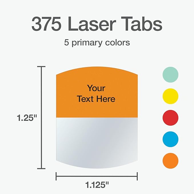 Redi-Tag Laser Printable Tabs, Permanent Index Tabs, Customizable Adhesive Labels, 5 Assorted Colors: Yellow, Red, Blue, Green, Orange, 1.125" x 1.25", 375 Per Pack (B39020)-DeskLoop Office