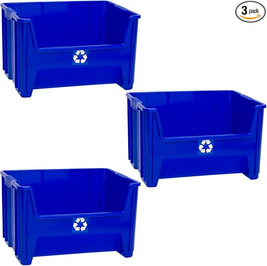 Commercial Industrial Heavy Duty Stackable Open-Front Recycling Bin Box Containers, 12.5 Gallon (Pack of 3), Blue-DeskLoop Office