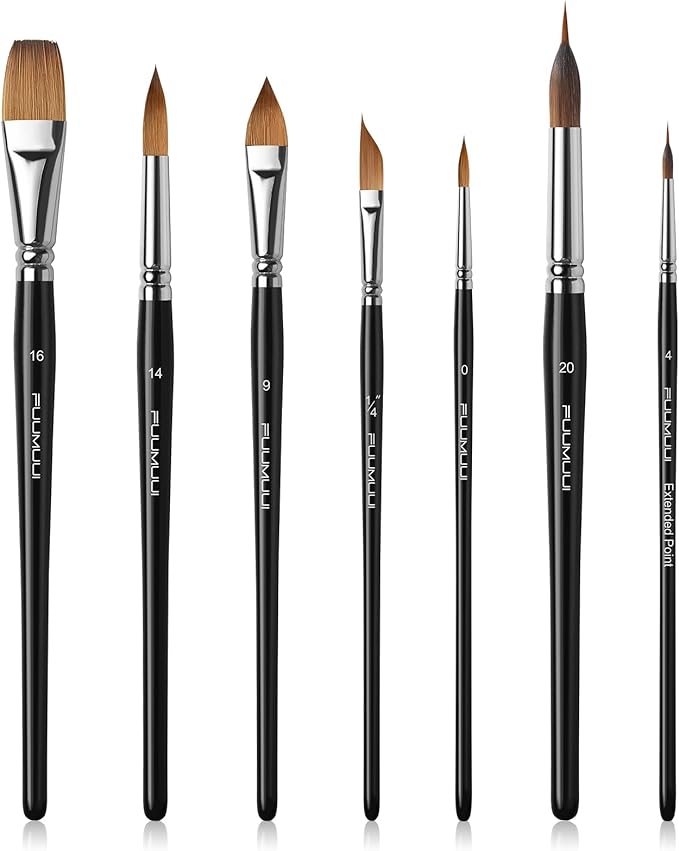 Sable Watercolor Brushes, Fuumuui 7pcs Professional Artist Paint Brushes Set with Extended Needle, Round Point, Flat, Dagger, Cat's Tongue for Watercolor, Acrylic, Gouache – Detail & Wash Painting-DeskLoop Office